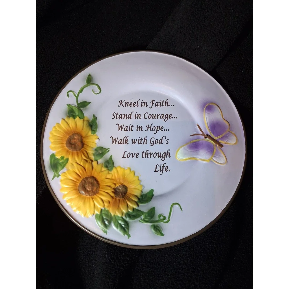 Inspirational Sunflower Butterfly Faith Decorative Plate 8 Inch 3D Ceramic